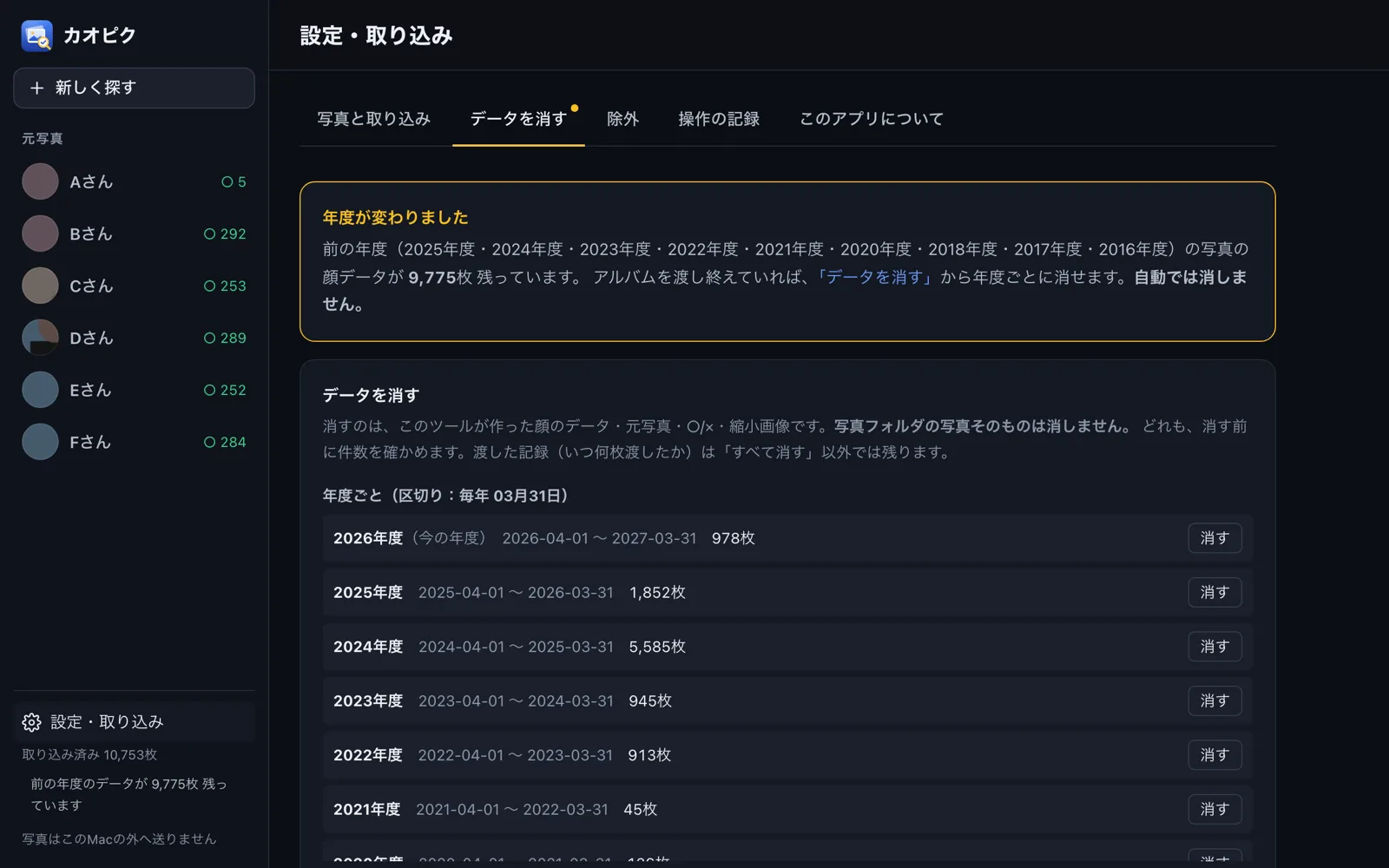 年度ごとにデータを消す画面